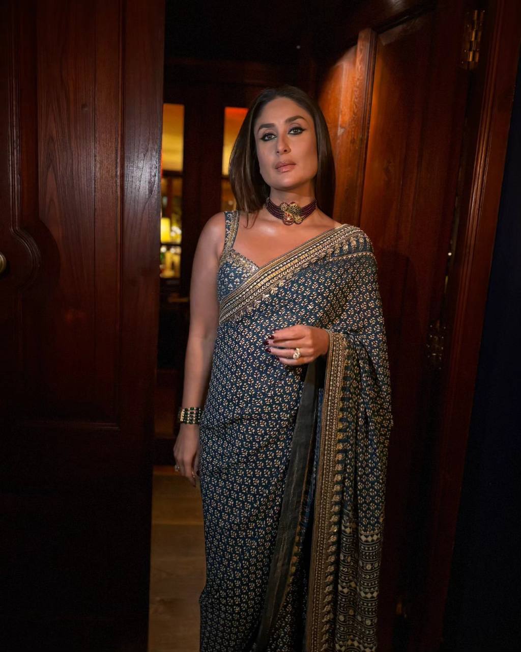 Ajrakh Saree Traditional Navy with Contemporary Mirror Detailing