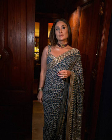 Ajrakh Saree Traditional Navy with Contemporary Mirror Detailing
