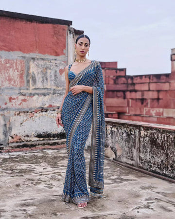 Indigo Blue Soft Fox Georgette Saree with Real Mirror & Katdana Work