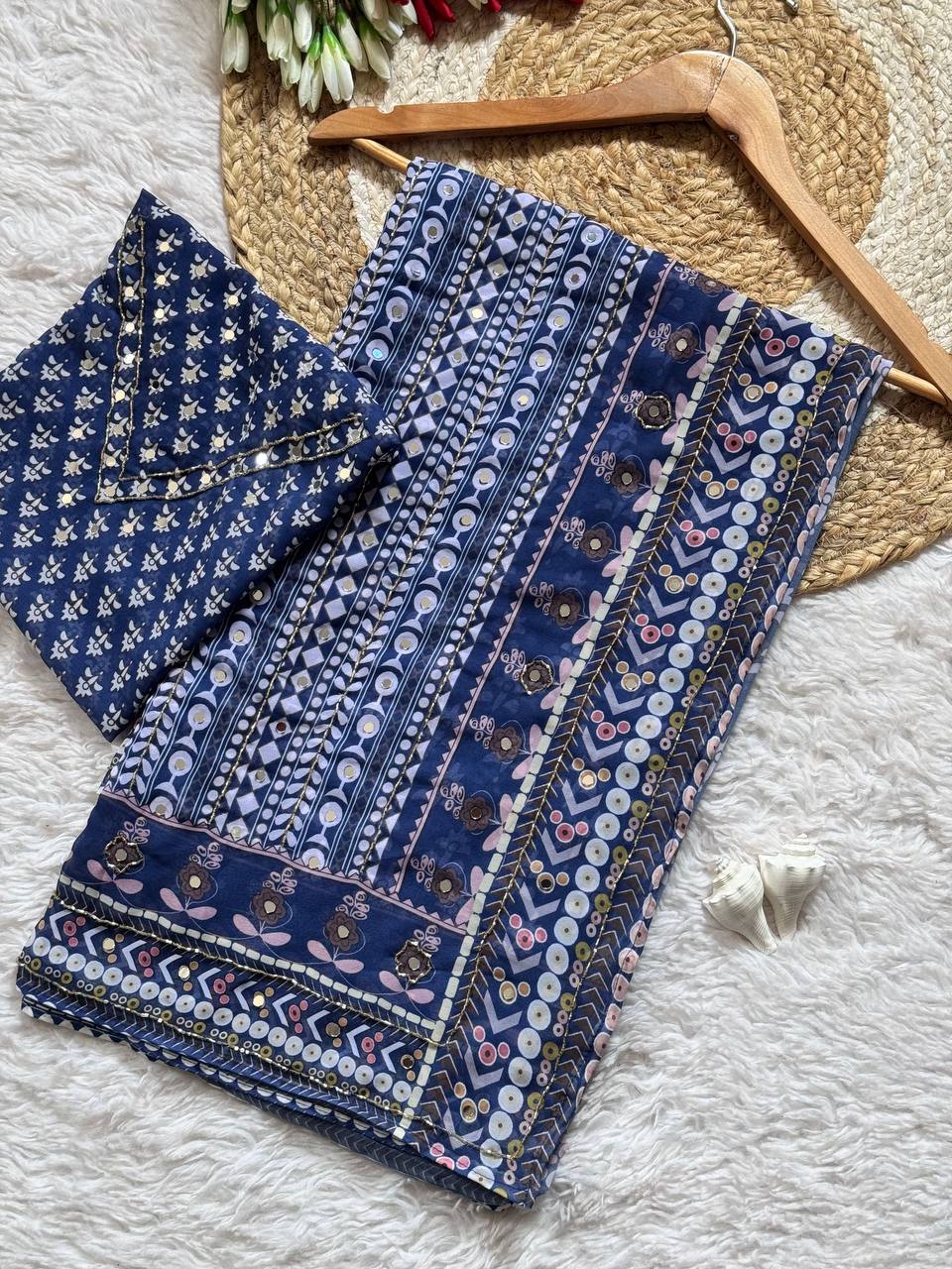 Ajrakh Saree Traditional Navy with Contemporary Mirror Detailing