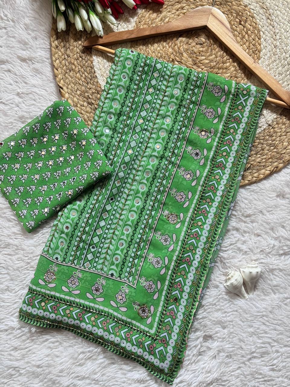 Ajrakh Print Designer Green Saree with Mirror Work