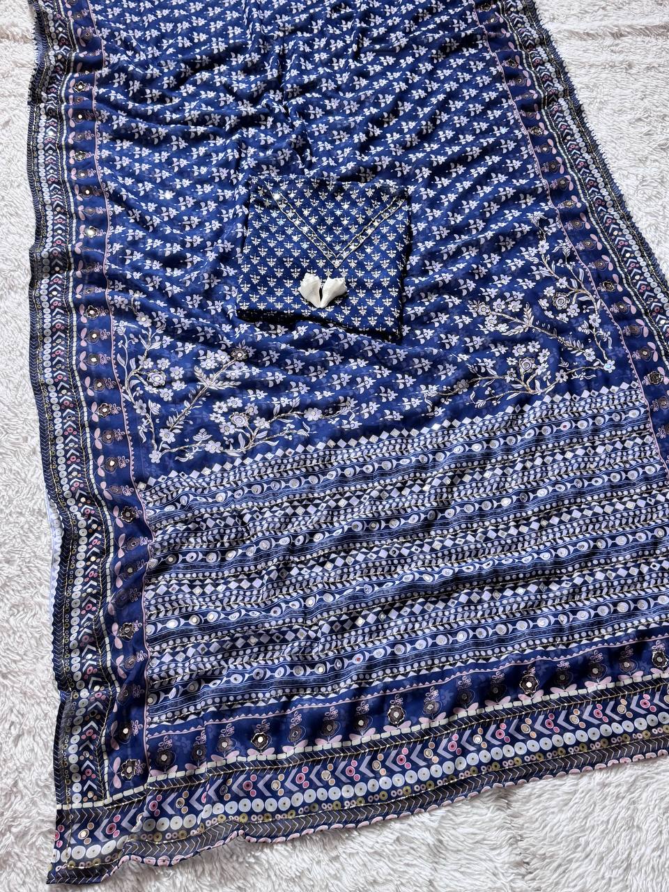 Ajrakh Saree Traditional Navy with Contemporary Mirror Detailing