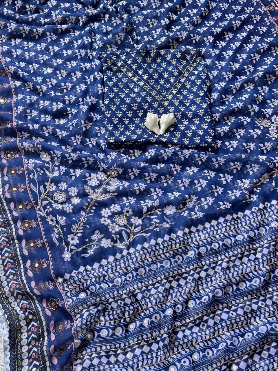 Ajrakh Saree Traditional Navy with Contemporary Mirror Detailing