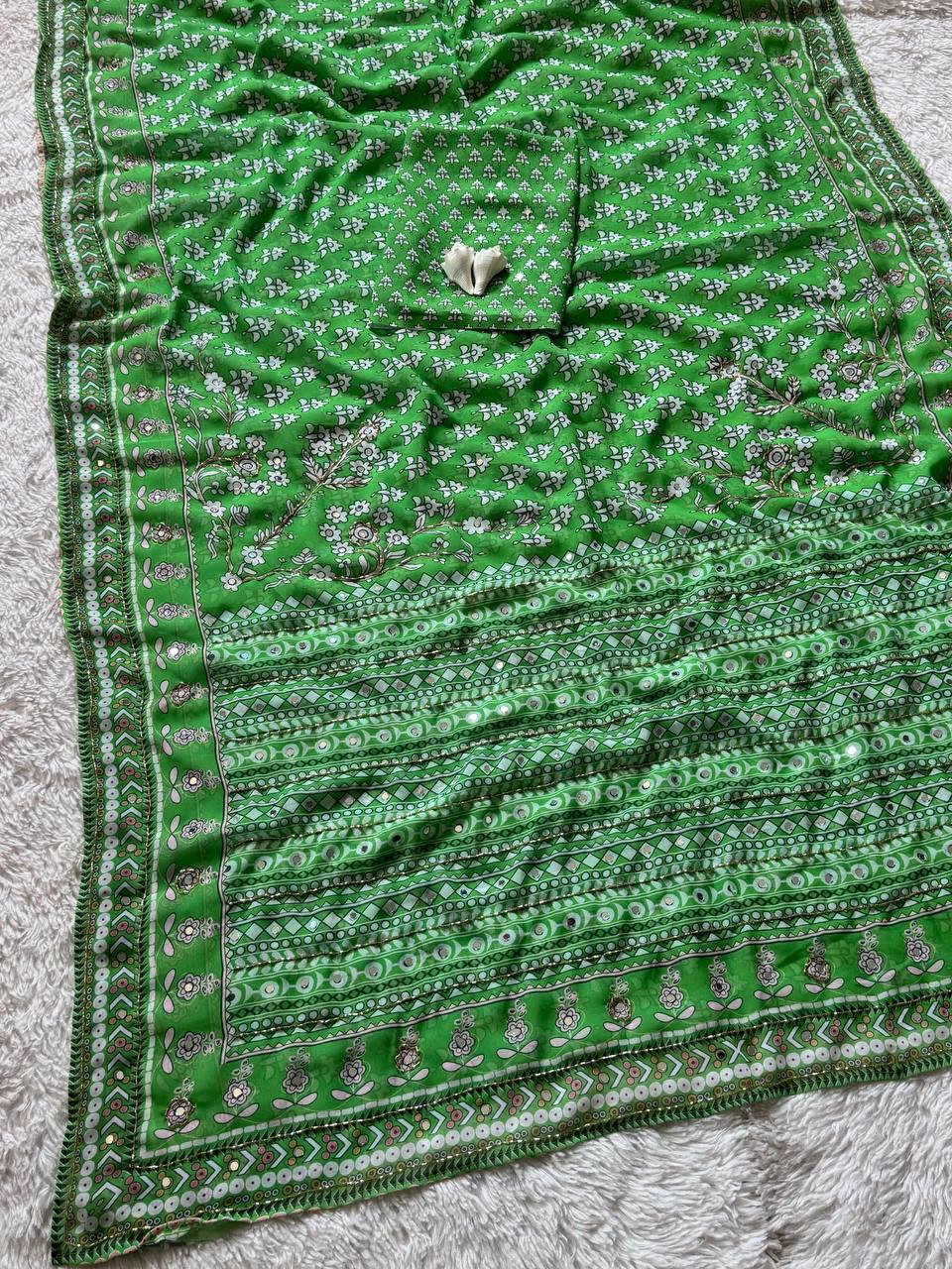 Ajrakh Print Designer Green Saree with Mirror Work