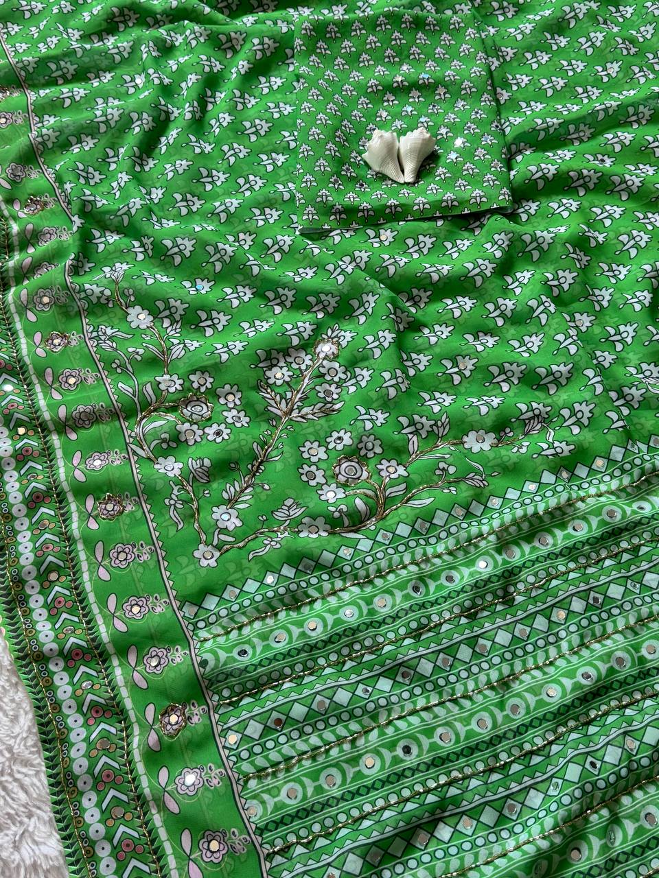 Ajrakh Print Designer Green Saree with Mirror Work