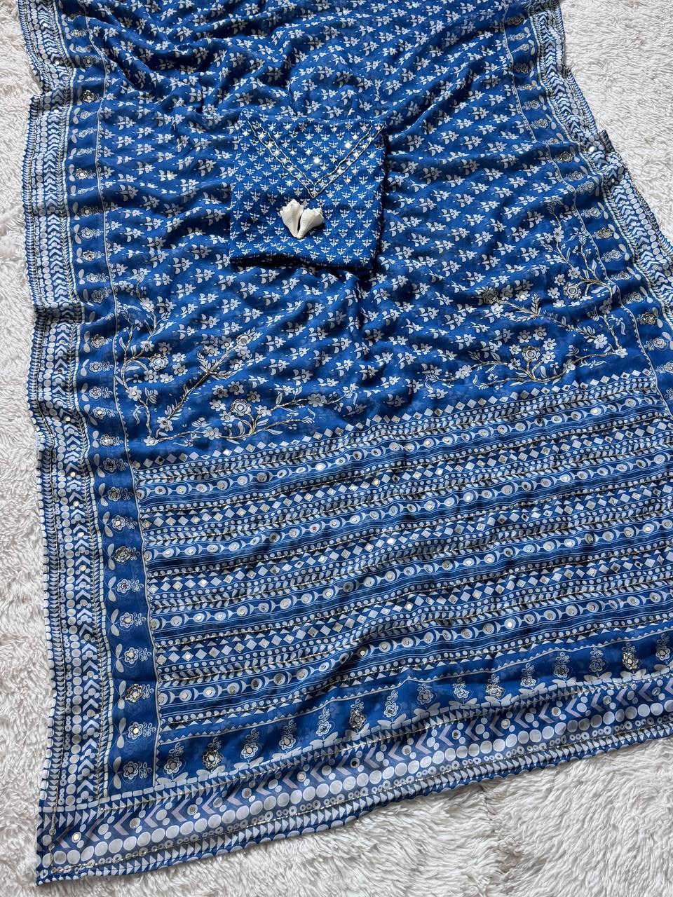 Indigo Blue Soft Fox Georgette Saree with Real Mirror & Katdana Work