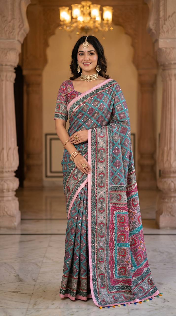 Elegant Roman Silk Ajarakh Print Saree with Real Mirror Work & Kodi Latkan