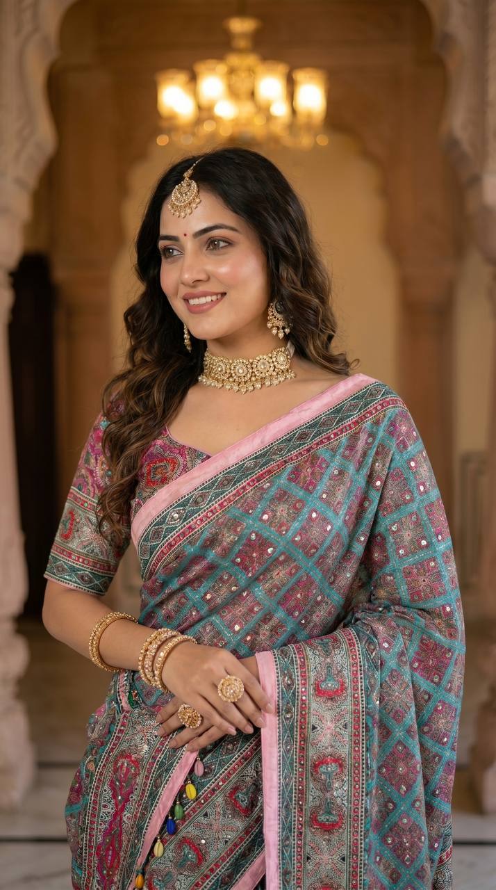 Elegant Roman Silk Ajarakh Print Saree with Real Mirror Work & Kodi Latkan