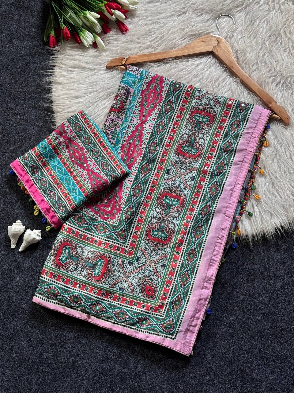Elegant Roman Silk Ajarakh Print Saree with Real Mirror Work & Kodi Latkan