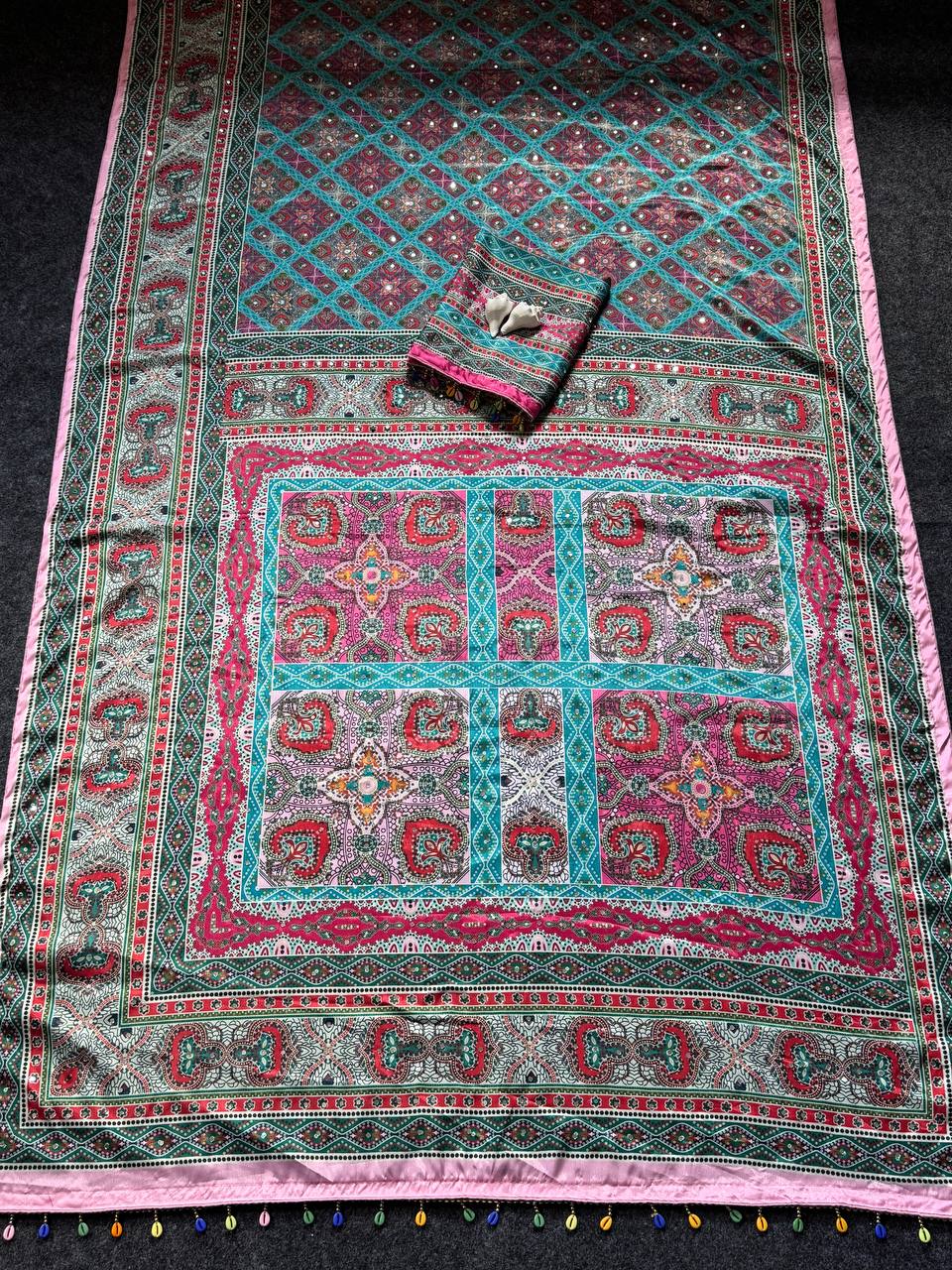 Elegant Roman Silk Ajarakh Print Saree with Real Mirror Work & Kodi Latkan