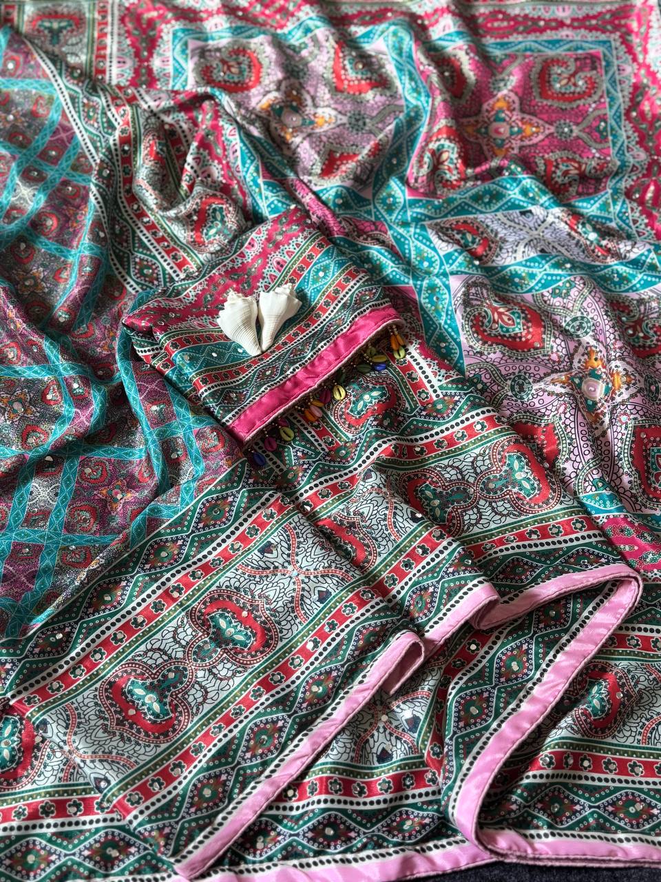 Elegant Roman Silk Ajarakh Print Saree with Real Mirror Work & Kodi Latkan