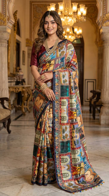 Royal Poster Rajwadi Print Soft Roman Silk Saree with Real Mirror Work & Fandu Kodi Latkan