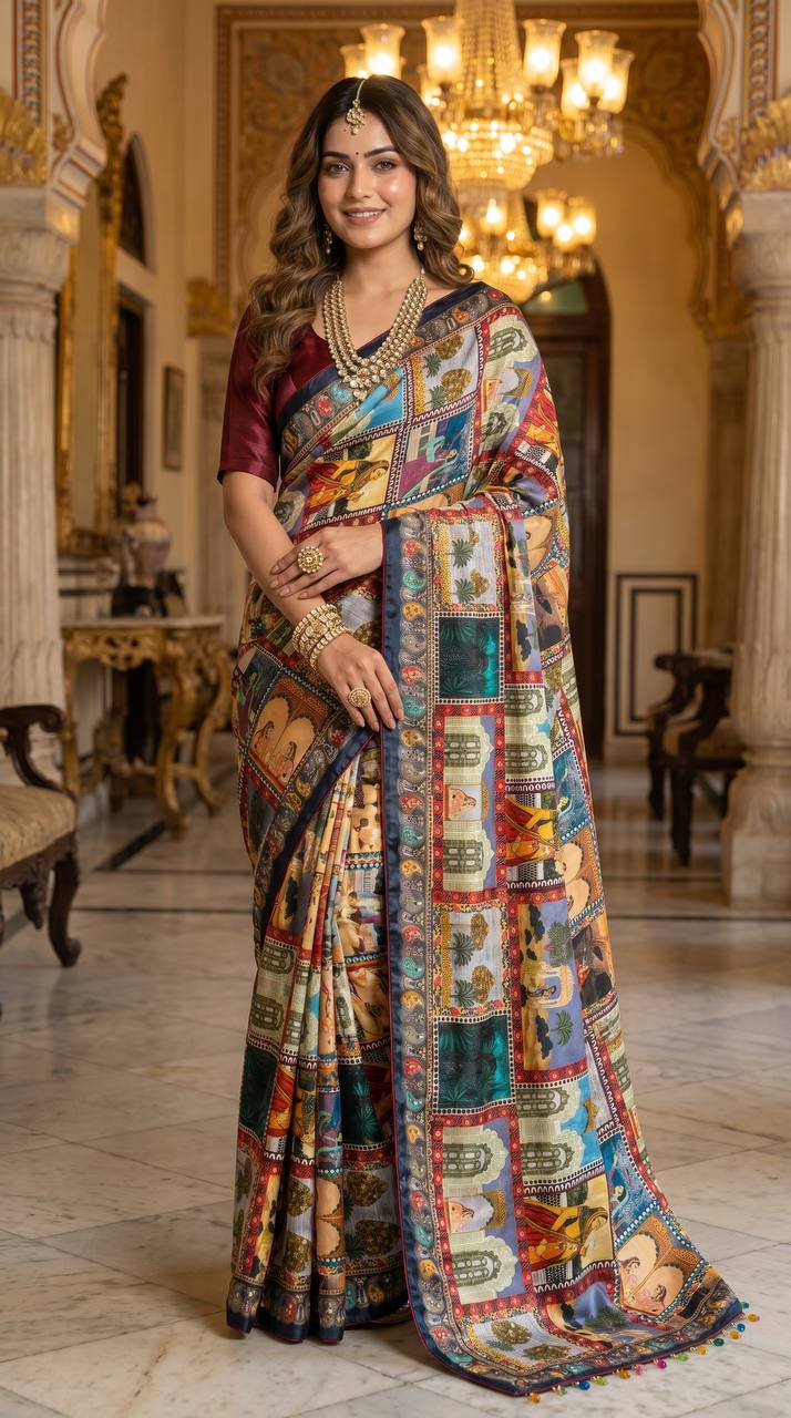 Royal Poster Rajwadi Print Soft Roman Silk Saree with Real Mirror Work & Fandu Kodi Latkan
