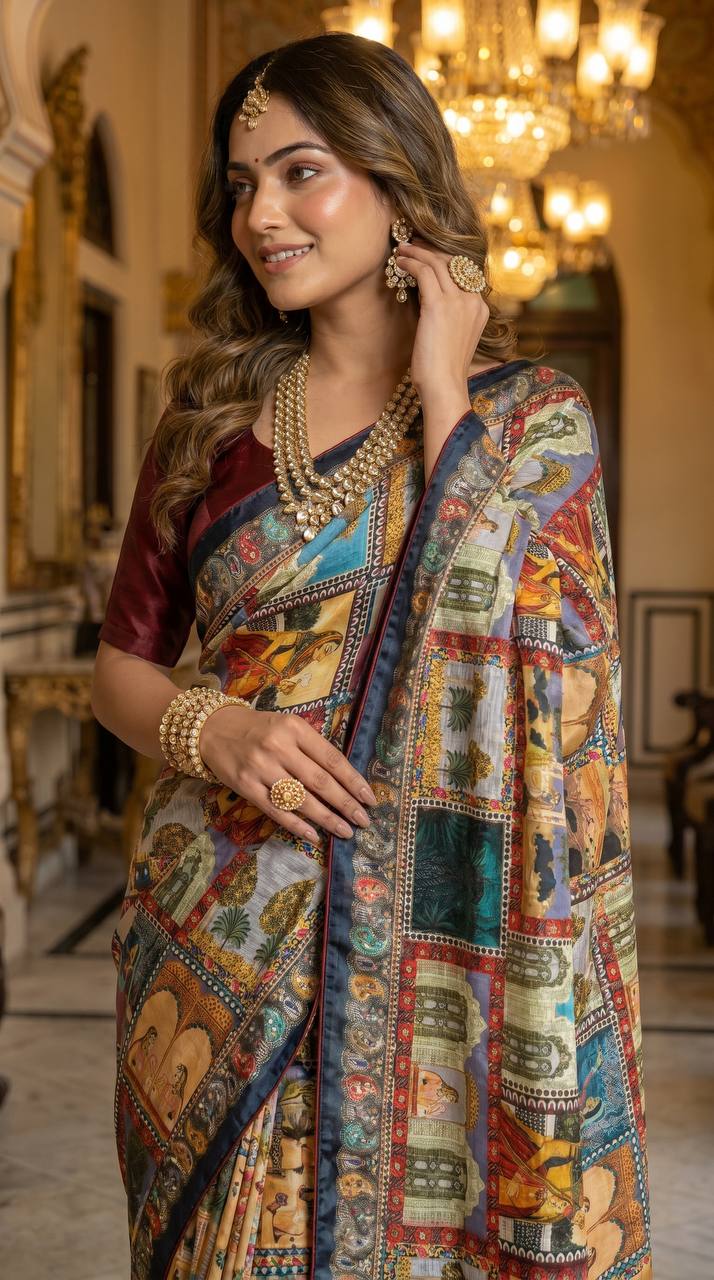 Royal Poster Rajwadi Print Soft Roman Silk Saree with Real Mirror Work & Fandu Kodi Latkan