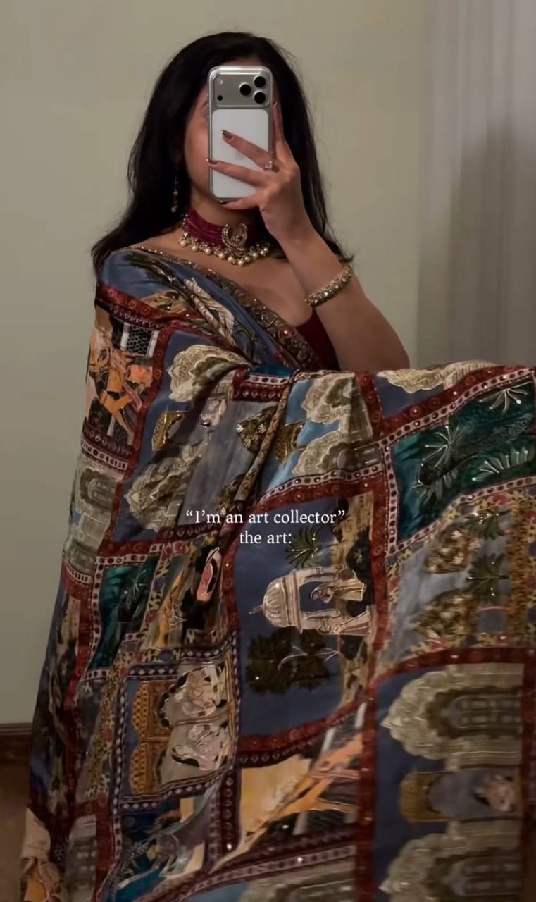 Royal Poster Rajwadi Print Soft Roman Silk Saree with Real Mirror Work & Fandu Kodi Latkan