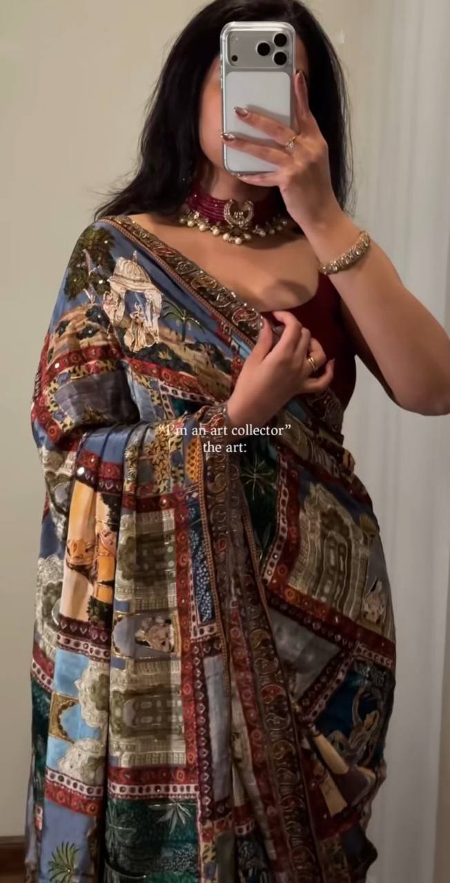 Royal Poster Rajwadi Print Soft Roman Silk Saree with Real Mirror Work & Fandu Kodi Latkan