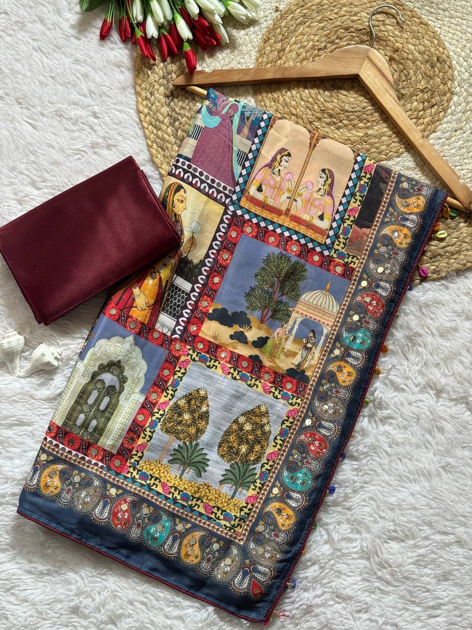 Royal Poster Rajwadi Print Soft Roman Silk Saree with Real Mirror Work & Fandu Kodi Latkan