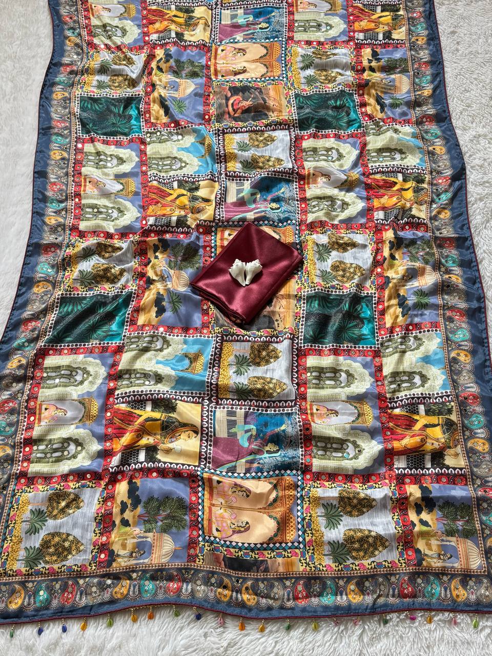 Royal Poster Rajwadi Print Soft Roman Silk Saree with Real Mirror Work & Fandu Kodi Latkan