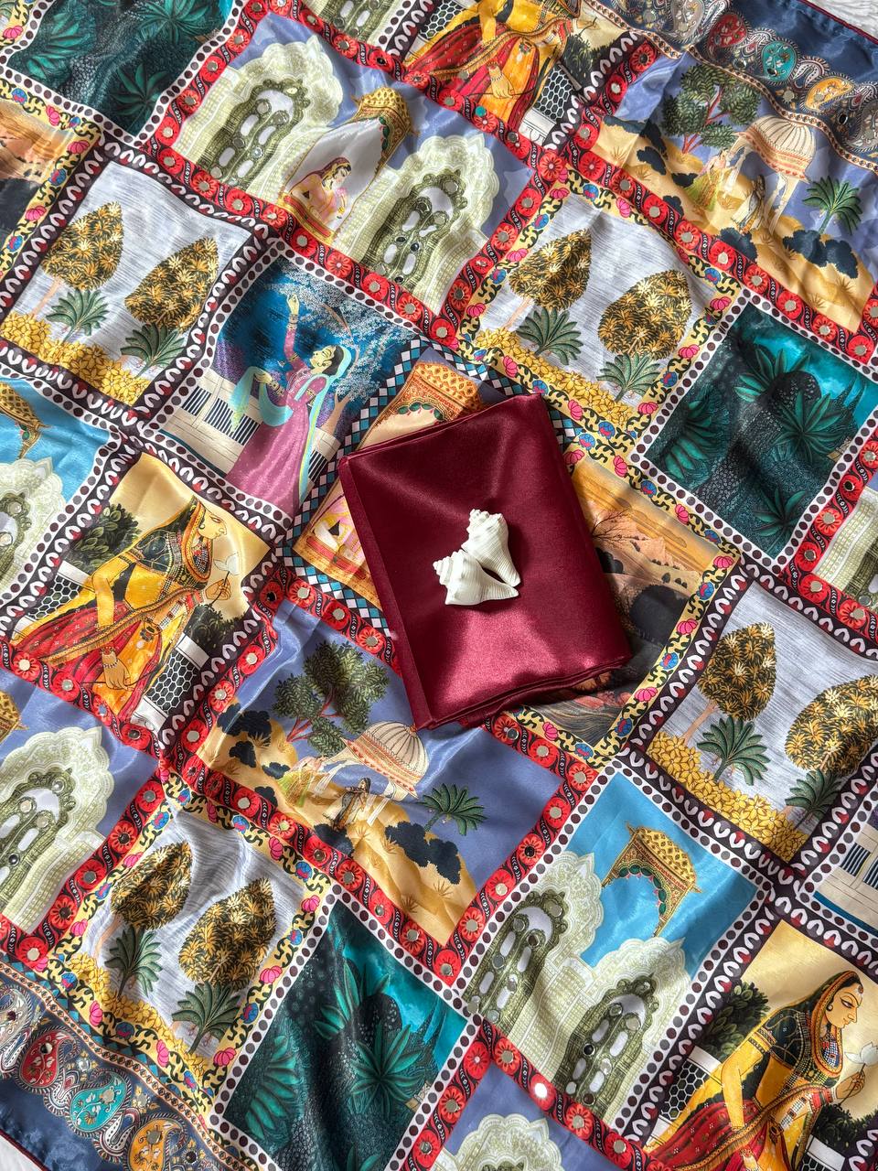 Royal Poster Rajwadi Print Soft Roman Silk Saree with Real Mirror Work & Fandu Kodi Latkan