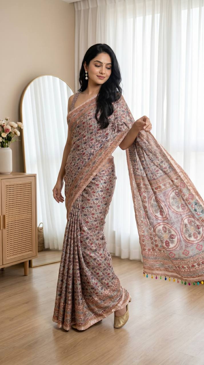 Digital Print Saree Rose Gold Roman Silk with Real Mirror Work & Kodi Latkan