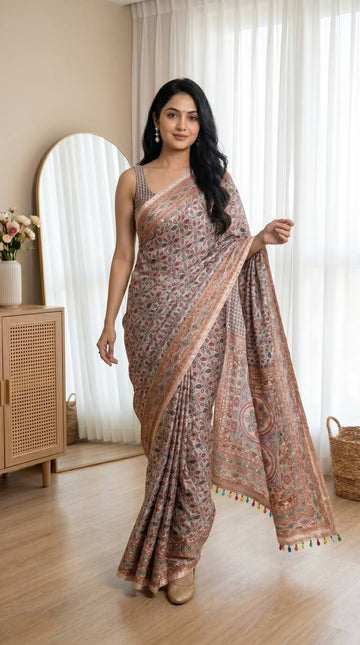 Digital Print Saree Rose Gold Roman Silk with Real Mirror Work & Kodi Latkan