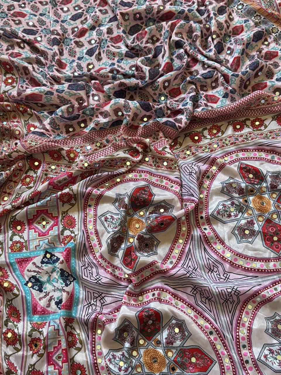 Digital Print Saree Rose Gold Roman Silk with Real Mirror Work & Kodi Latkan