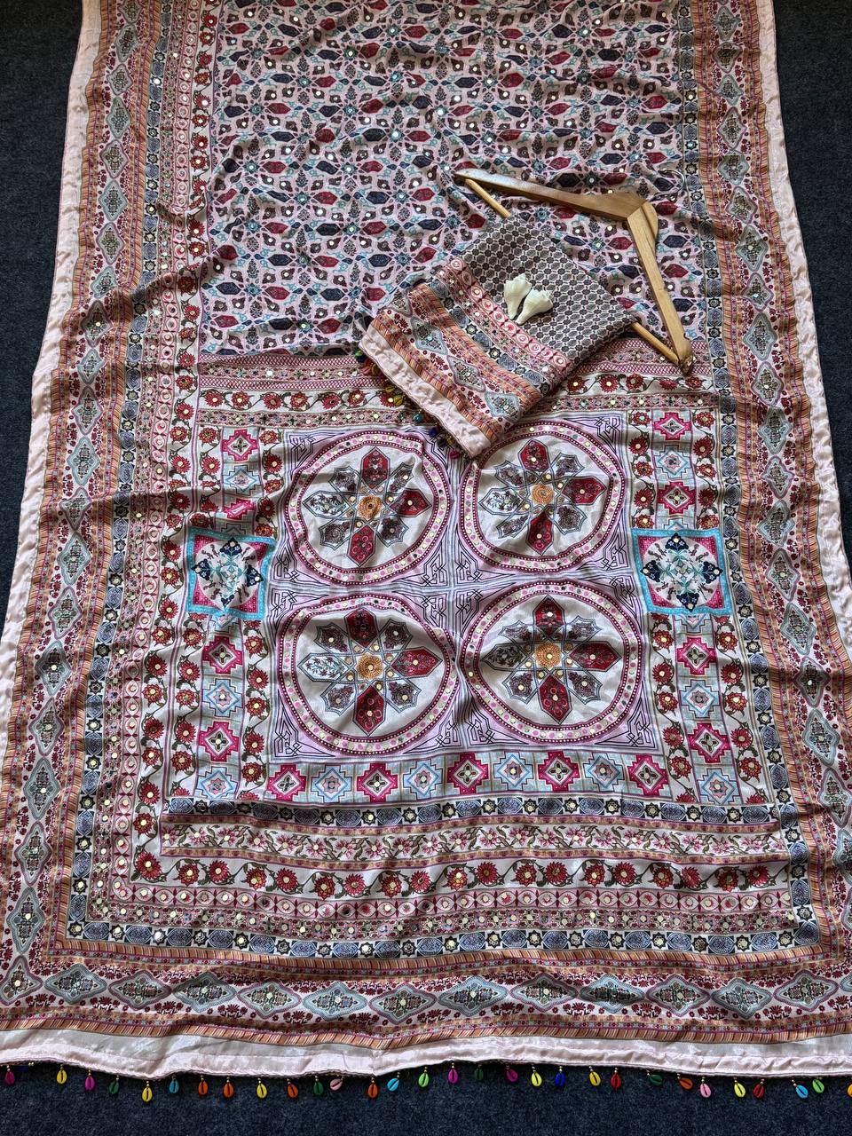 Digital Print Saree Rose Gold Roman Silk with Real Mirror Work & Kodi Latkan
