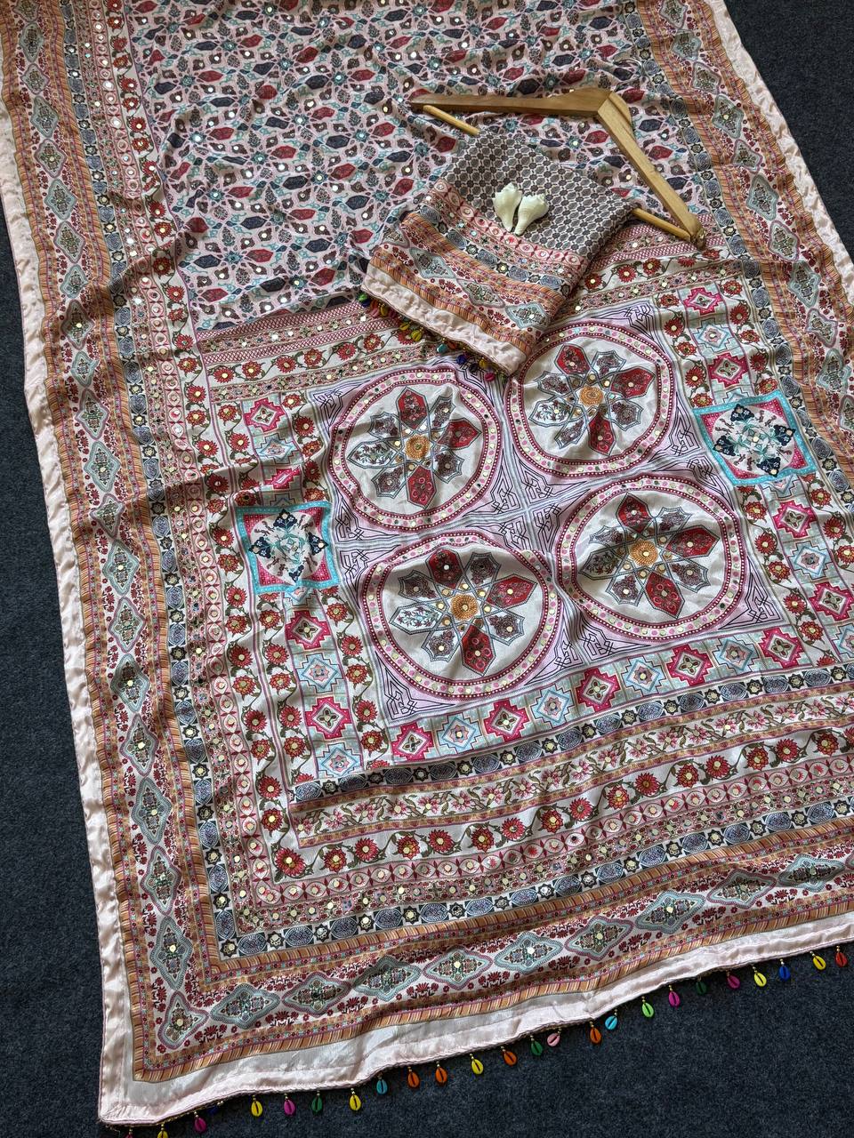 Digital Print Saree Rose Gold Roman Silk with Real Mirror Work & Kodi Latkan