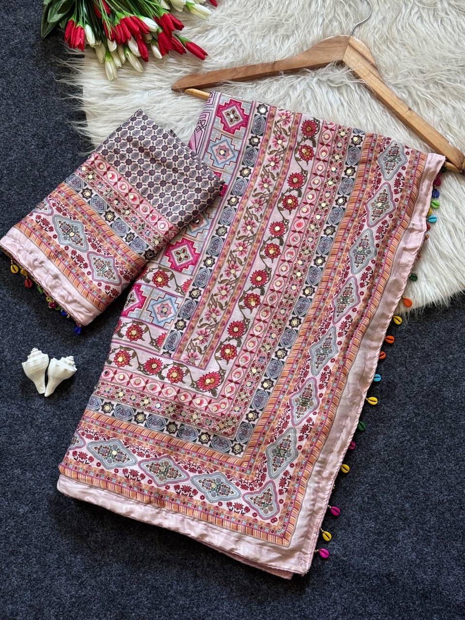 Digital Print Saree Rose Gold Roman Silk with Real Mirror Work & Kodi Latkan