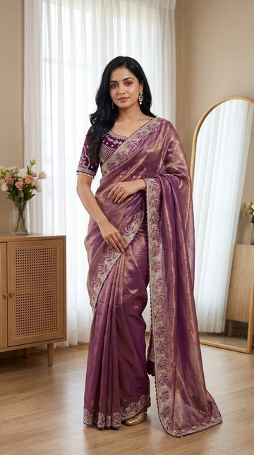 Wine Purple Soft Fandy Satin Designer Saree with Lotus Embroidery Readymade Blouse