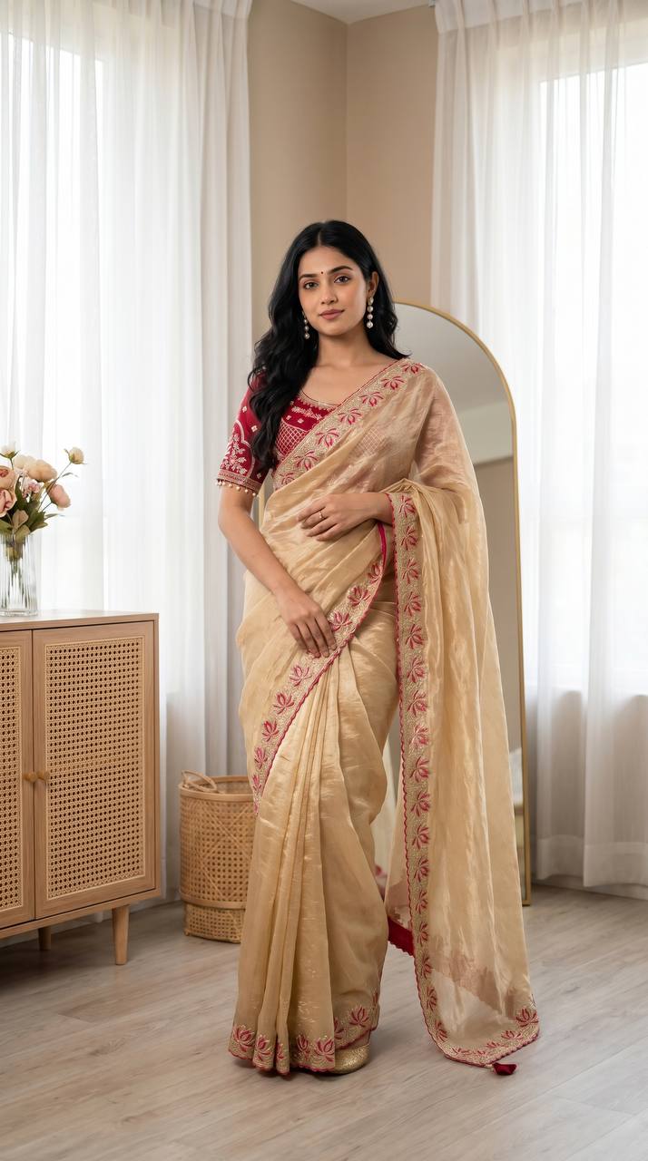 Champagne Gold Soft Fandy Satin Designer Saree with Lotus Embroidery Readymade Blouse