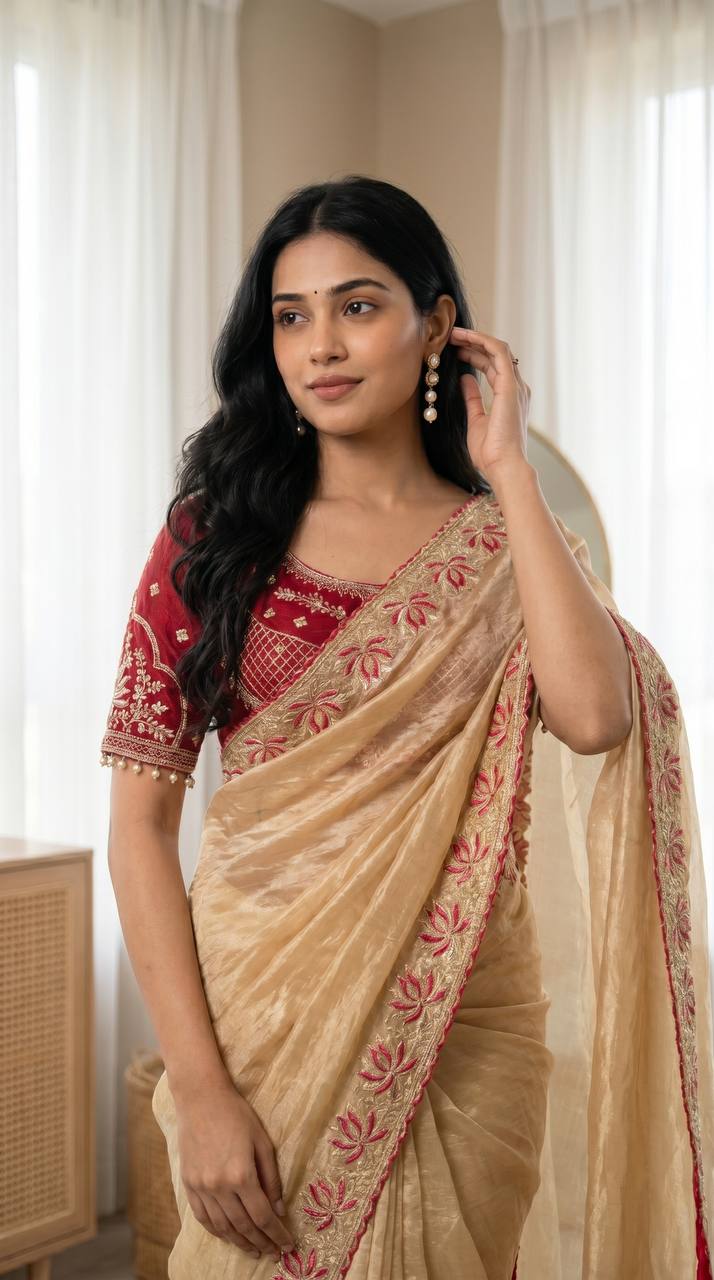Champagne Gold Soft Fandy Satin Designer Saree with Lotus Embroidery Readymade Blouse