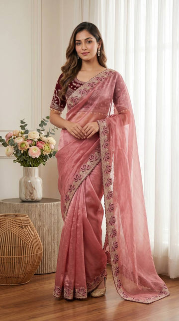 Dusty Rose Soft Fandy Satin Designer Saree with Lotus Embroidery Readymade Blouse