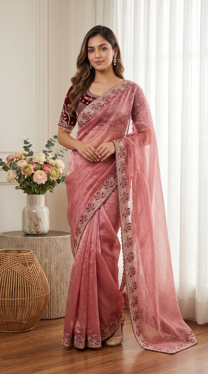 Dusty Rose Soft Fandy Satin Designer Saree with Lotus Embroidery Readymade Blouse