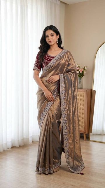 Royal Jamuni Soft Fandy Satin Designer Saree with Lotus Embroidery Readymade Blouse