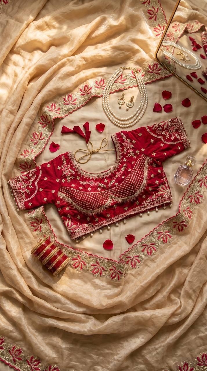 Champagne Gold Soft Fandy Satin Designer Saree with Lotus Embroidery Readymade Blouse