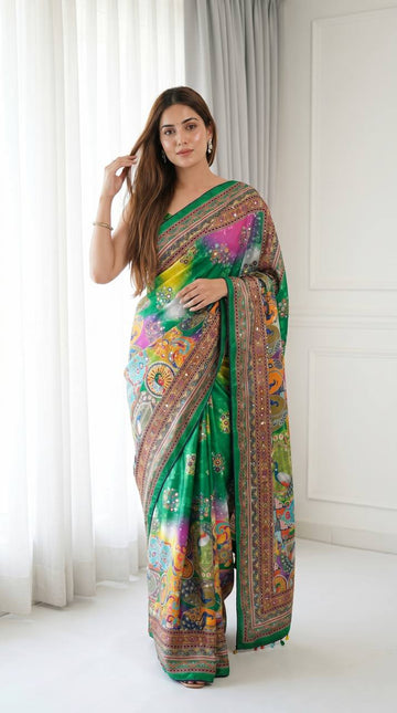 Digital Print Artistic Modal Silk Saree Emerald Green with Heritage Border, Multicolor Motifs & Decorative Tassels