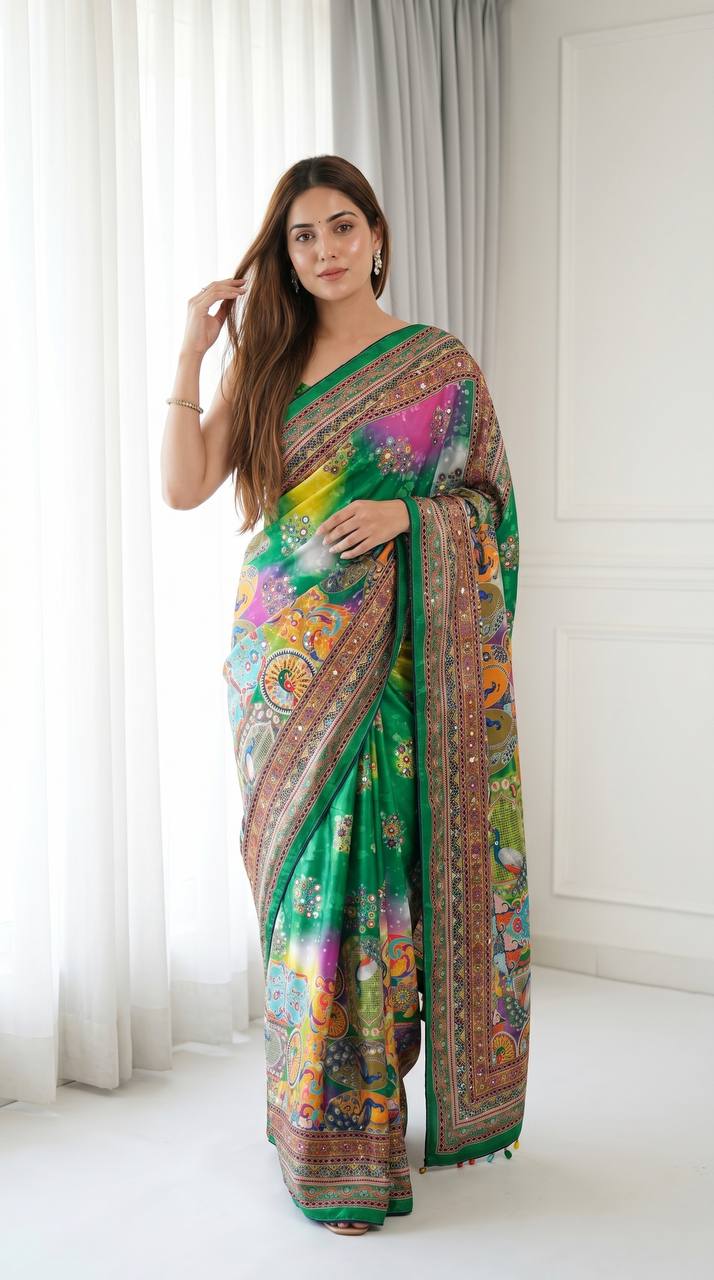 Digital Print Artistic Modal Silk Saree Emerald Green with Heritage Border, Multicolor Motifs & Decorative Tassels