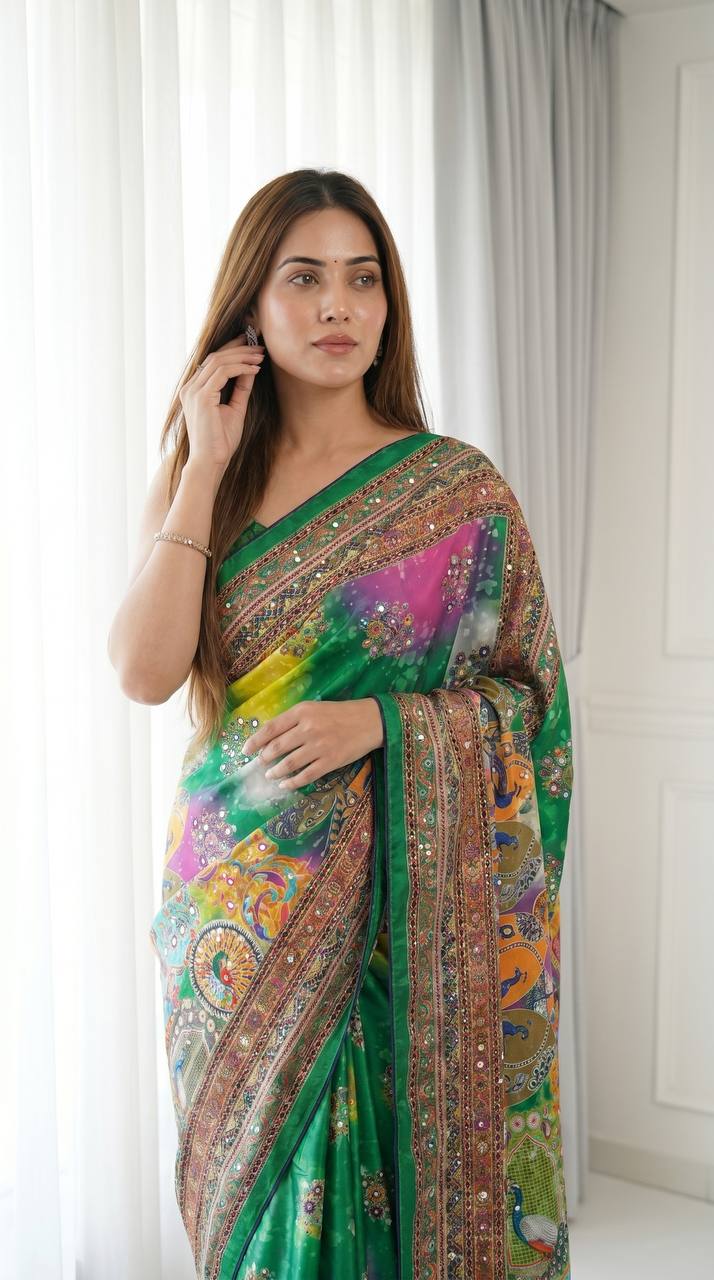 Digital Print Artistic Modal Silk Saree Emerald Green with Heritage Border, Multicolor Motifs & Decorative Tassels