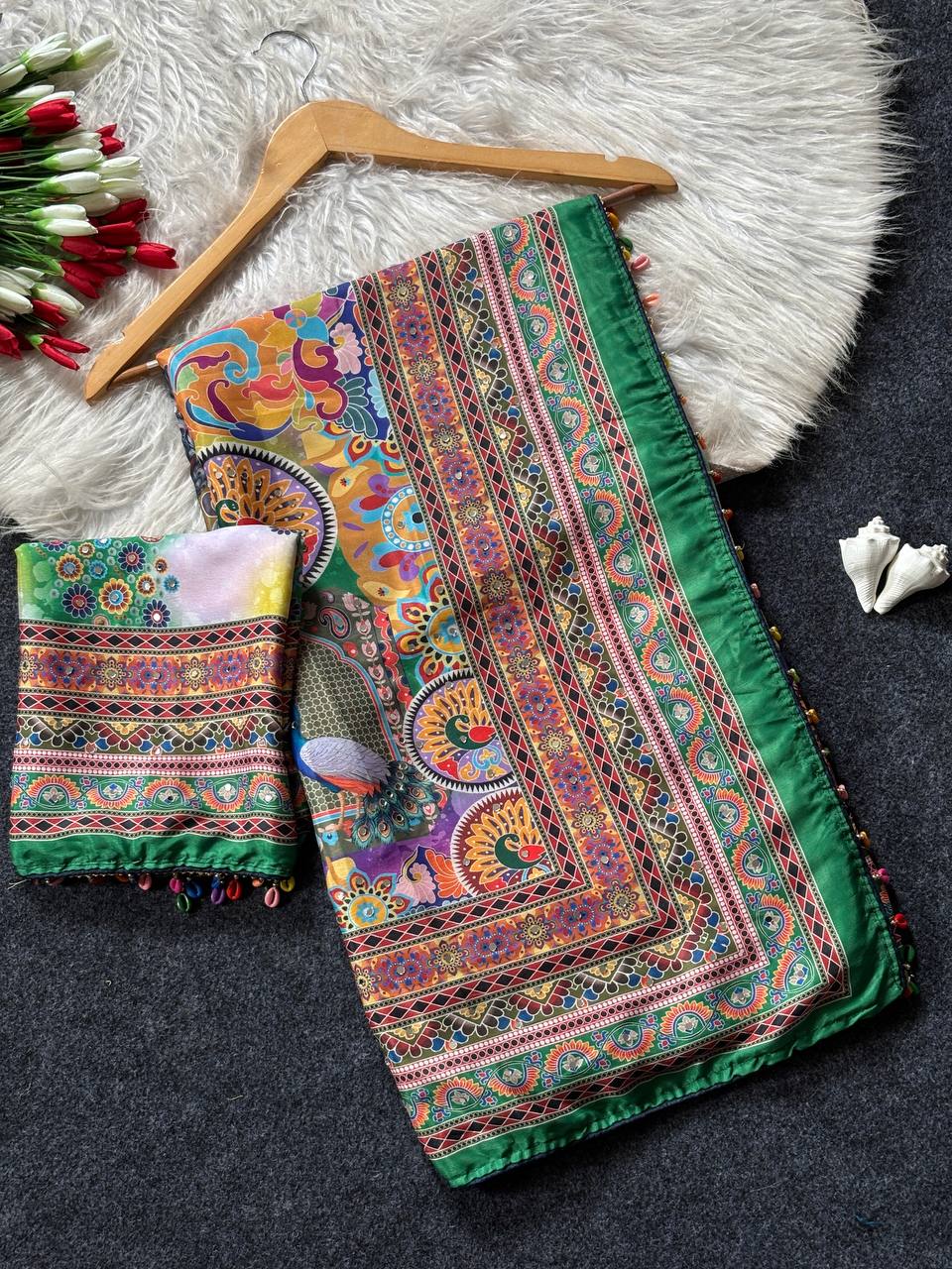 Digital Print Artistic Modal Silk Saree Emerald Green with Heritage Border, Multicolor Motifs & Decorative Tassels