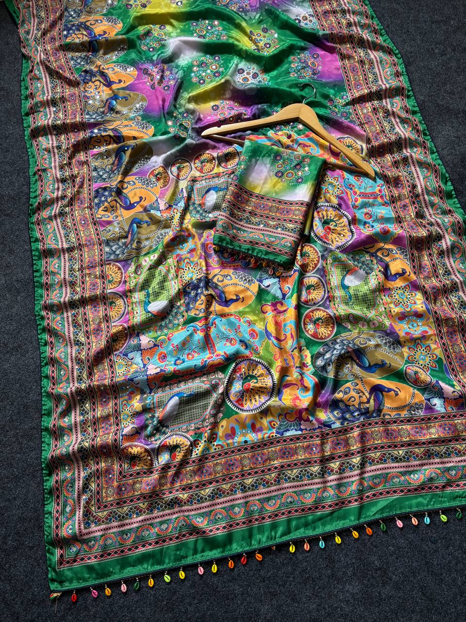 Digital Print Artistic Modal Silk Saree Emerald Green with Heritage Border, Multicolor Motifs & Decorative Tassels
