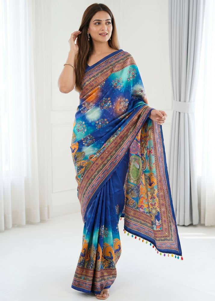 Artistic Digital Print Modal Silk Saree Royal Blue with Multicolor Heritage Border, Designer Pallu & Tassel Detailing