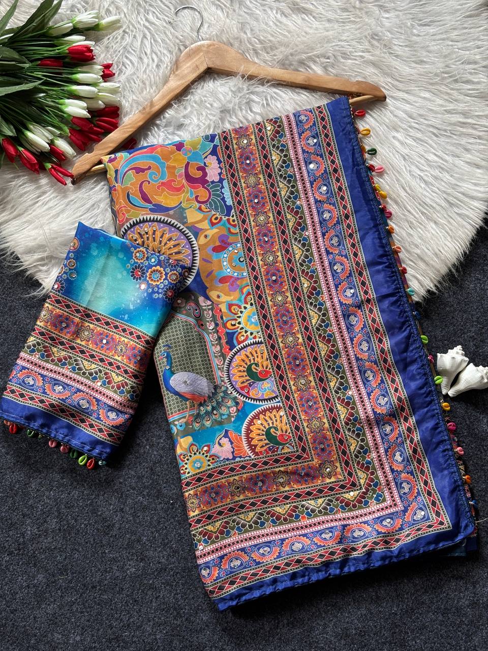 Artistic Digital Print Modal Silk Saree Royal Blue with Multicolor Heritage Border, Designer Pallu & Tassel Detailing