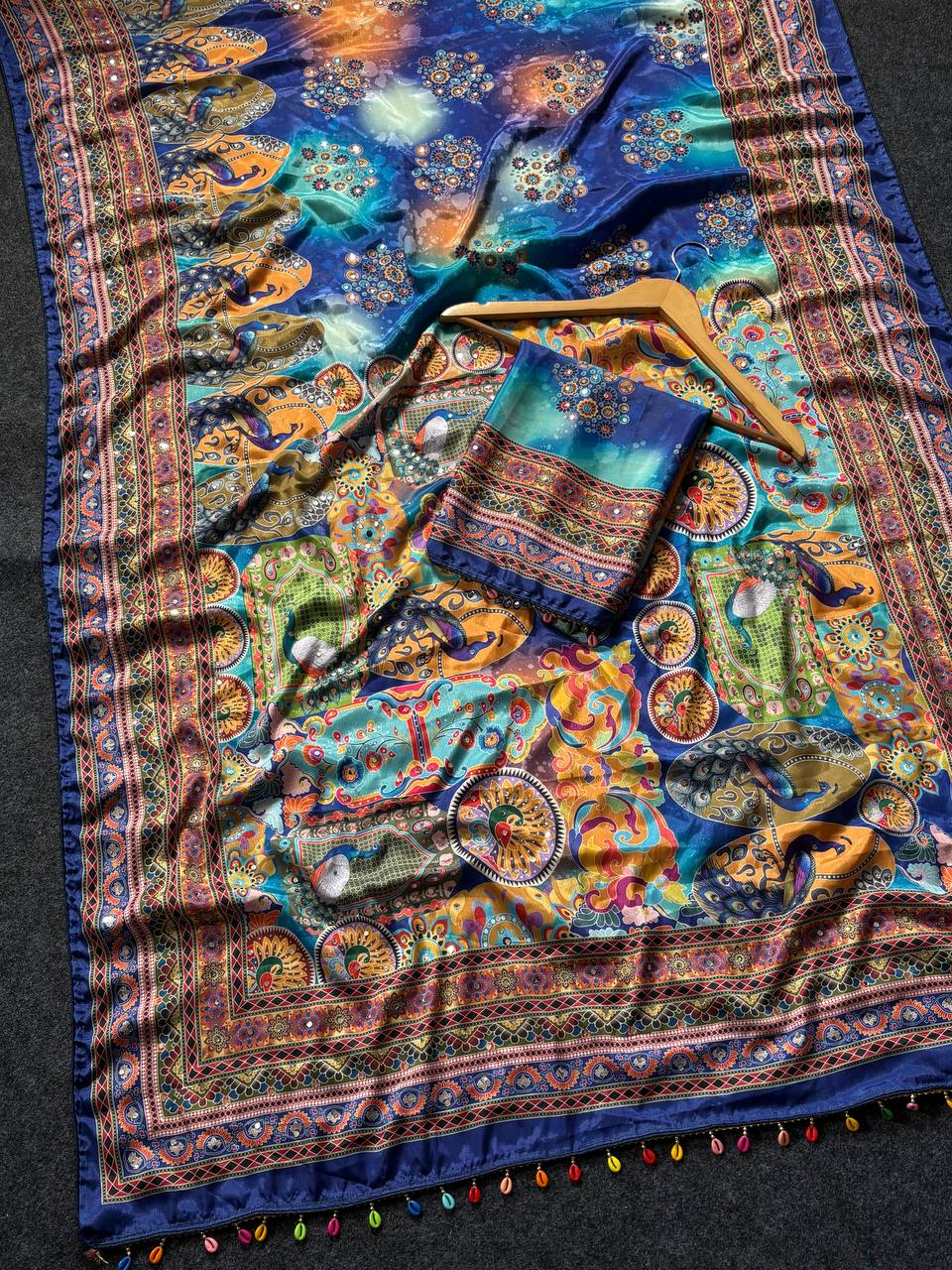 Artistic Digital Print Modal Silk Saree Royal Blue with Multicolor Heritage Border, Designer Pallu & Tassel Detailing
