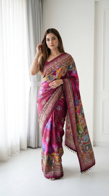 Artistic Digital Print Modal Silk Saree Magenta Purple with Heritage Border, Multicolor Designer Pallu & Tassel Detailing