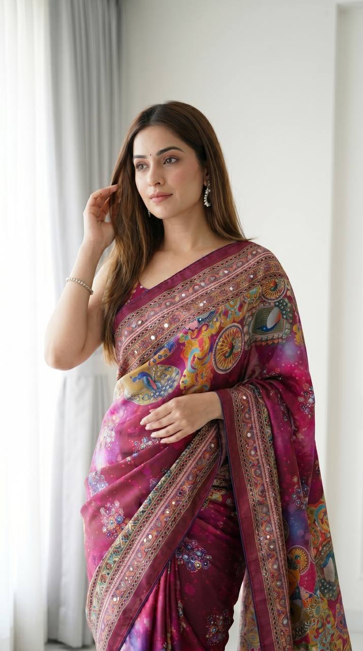Artistic Digital Print Modal Silk Saree Magenta Purple with Heritage Border, Multicolor Designer Pallu & Tassel Detailing