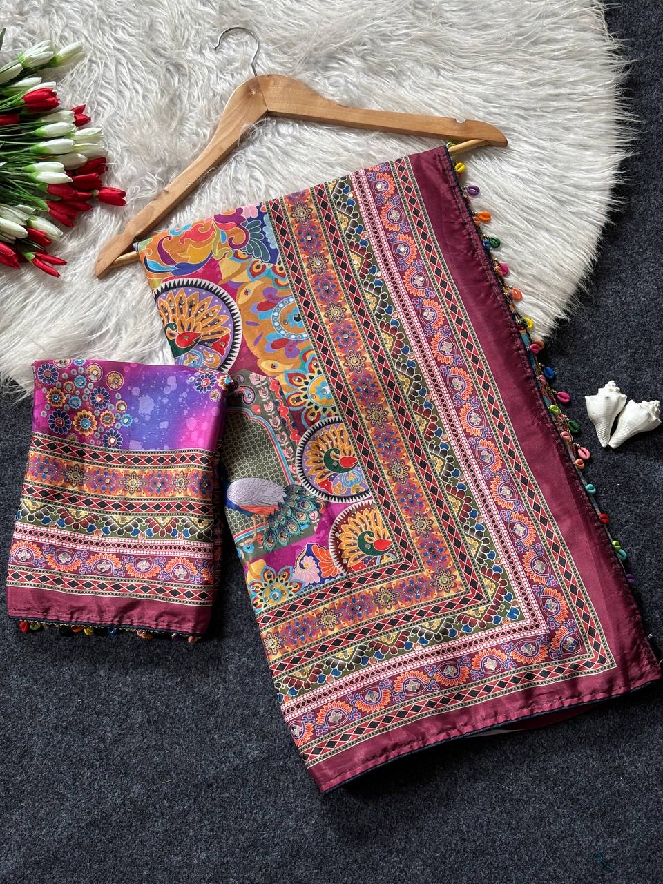 Artistic Digital Print Modal Silk Saree Magenta Purple with Heritage Border, Multicolor Designer Pallu & Tassel Detailing