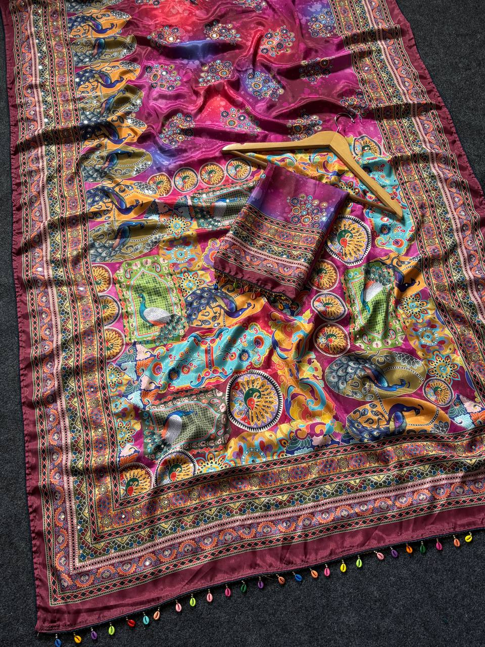 Artistic Digital Print Modal Silk Saree Magenta Purple with Heritage Border, Multicolor Designer Pallu & Tassel Detailing