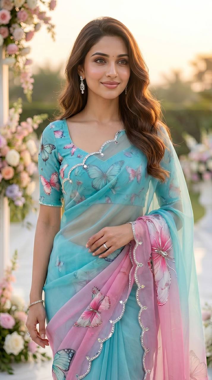 Pastel Dream Butterfly Soft Tabby Saree with 3D Digital Print & Khatali Handwork