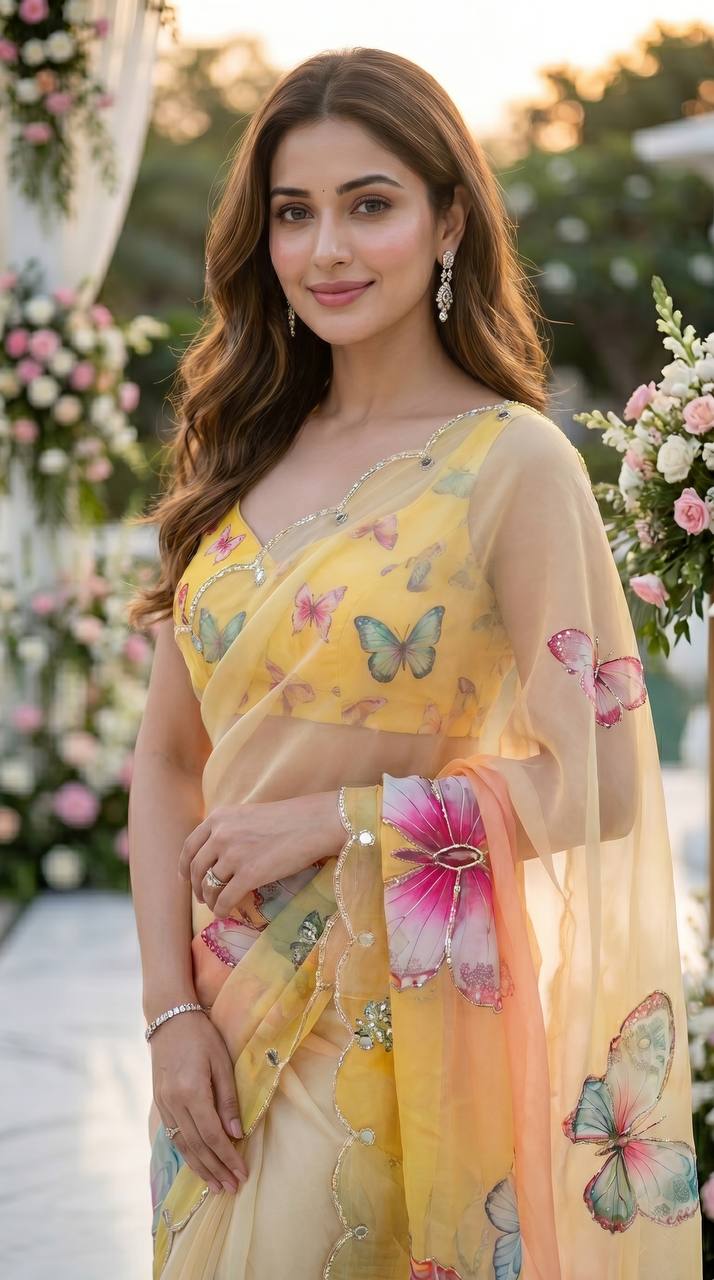 Sunshine Bloom Butterfly Soft Tabby Saree with 3D Digital Print & Mirror Handwork